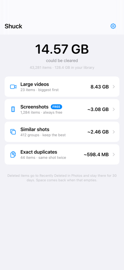 The home screen listing each category with the space it takes up