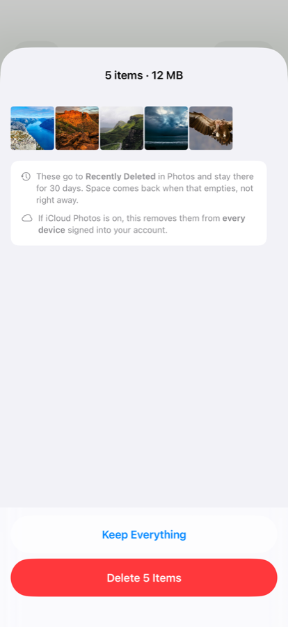 The confirmation screen showing what will be deleted and where it goes
